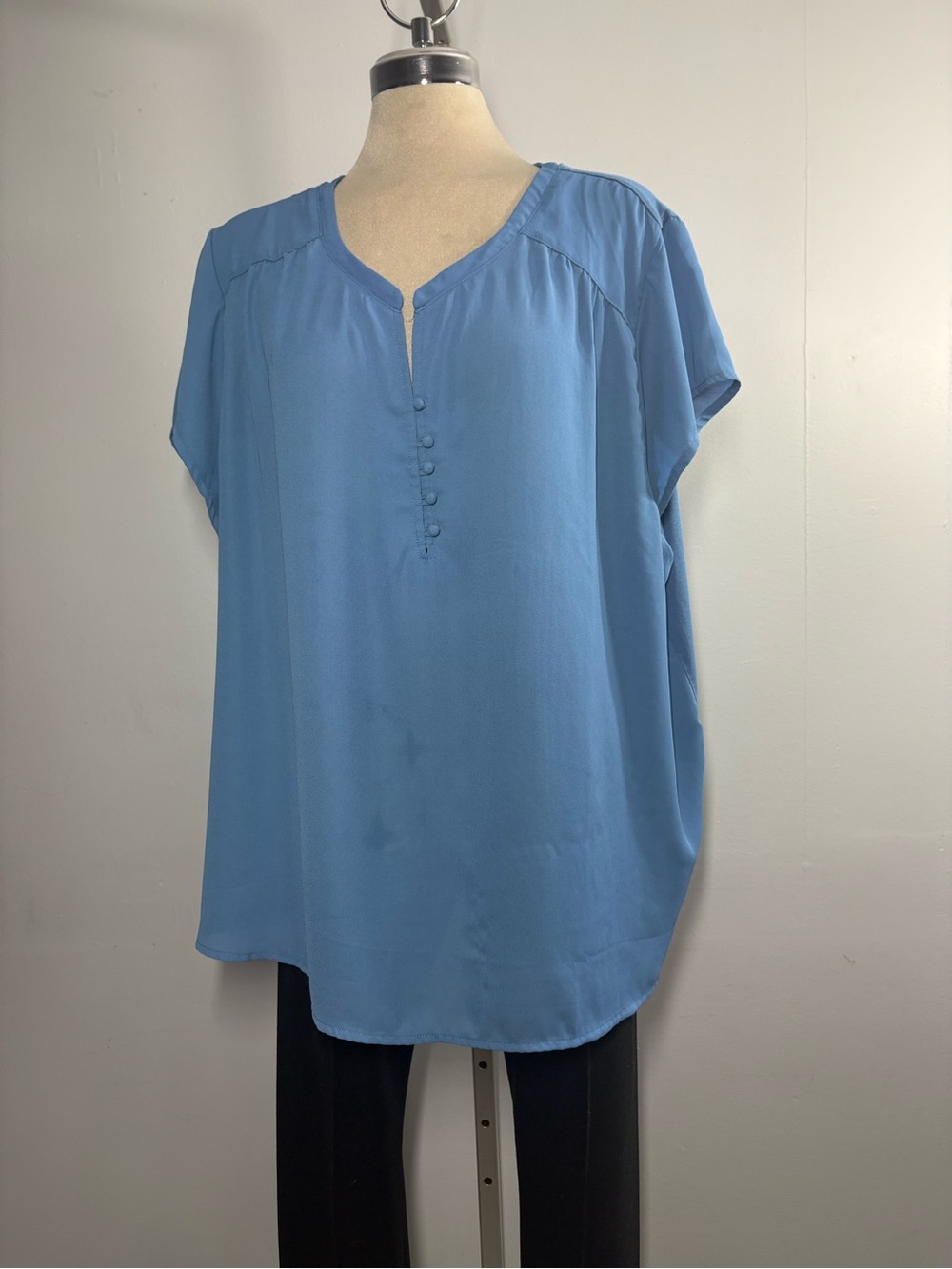Relaxed Short-Sleeve Button-Front Blouse in Sky Blue